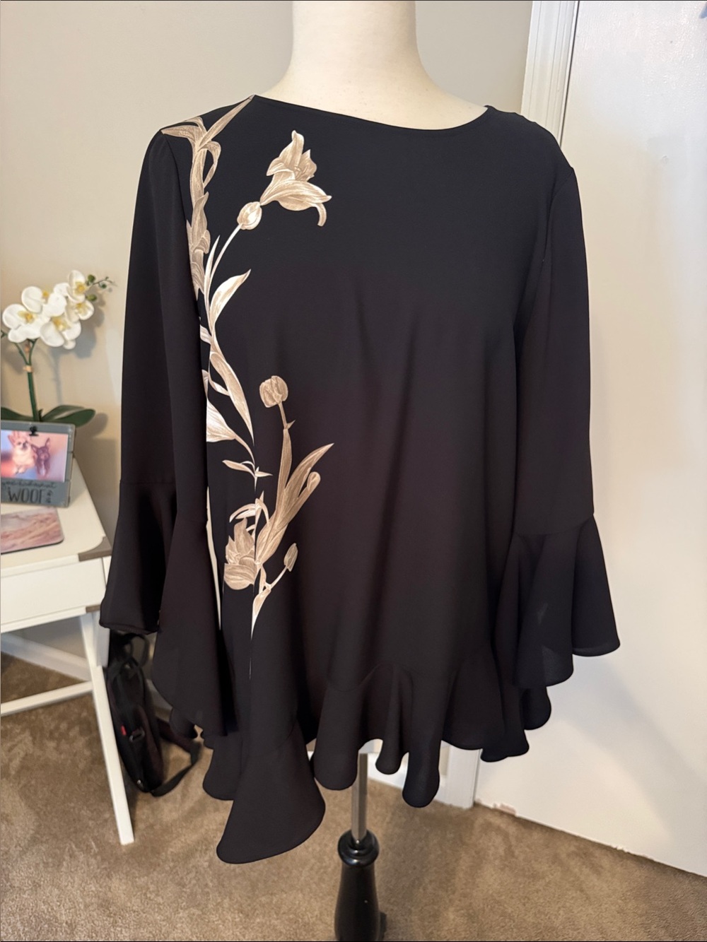 Alfani Black Tunic with Cream Floral Ruffle Hem